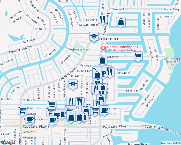 map of restaurants, bars, coffee shops, grocery stores, and more near 1503 Southeast 44th Street in Cape Coral