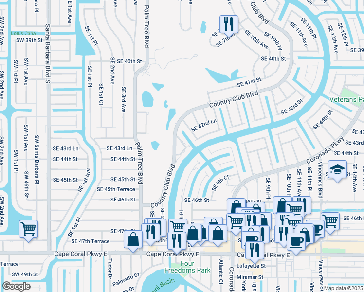 map of restaurants, bars, coffee shops, grocery stores, and more near 4349 Country Club Boulevard in Cape Coral