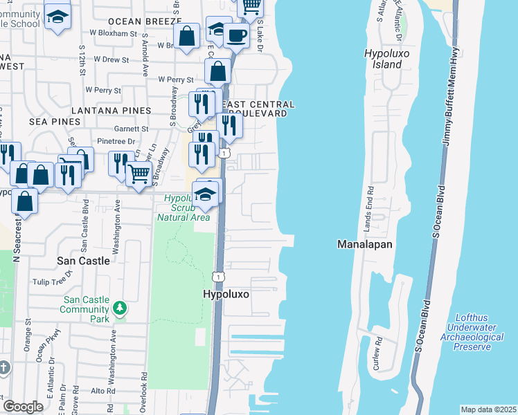 map of restaurants, bars, coffee shops, grocery stores, and more near 7070 Half Moon Circle in Hypoluxo