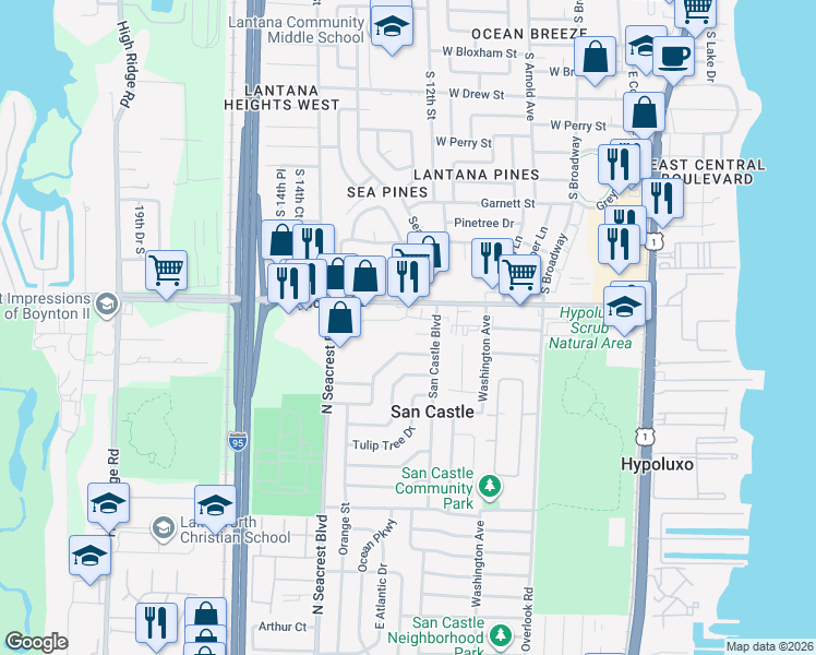 map of restaurants, bars, coffee shops, grocery stores, and more near 1274 West Frangipani Circle in Lantana