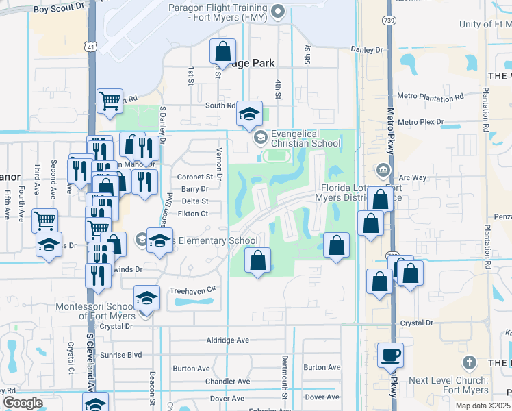 map of restaurants, bars, coffee shops, grocery stores, and more near 5760 Trailwinds Drive in Fort Myers