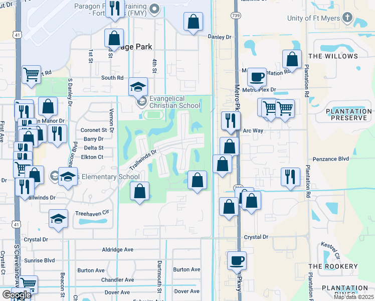 map of restaurants, bars, coffee shops, grocery stores, and more near 5860 Trailwinds Drive in Fort Myers