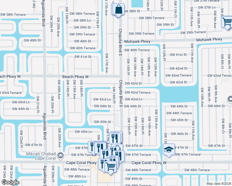 map of restaurants, bars, coffee shops, grocery stores, and more near 1614 Southwest 43rd Terrace in Cape Coral