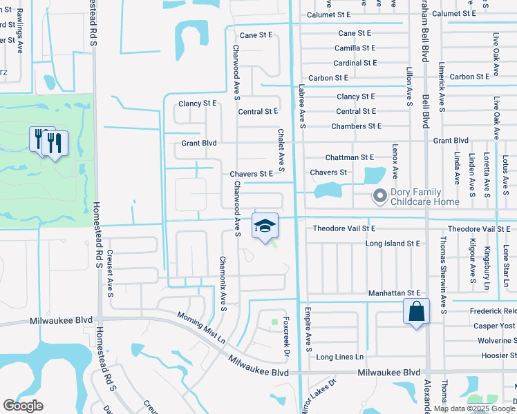 map of restaurants, bars, coffee shops, grocery stores, and more near 668 Chemstrand Street East in Lehigh Acres