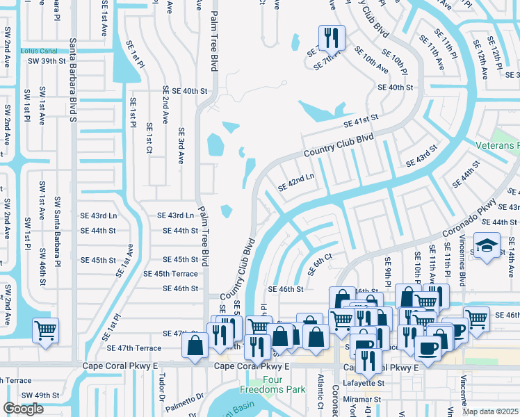 map of restaurants, bars, coffee shops, grocery stores, and more near 4349 Country Club Boulevard in Cape Coral