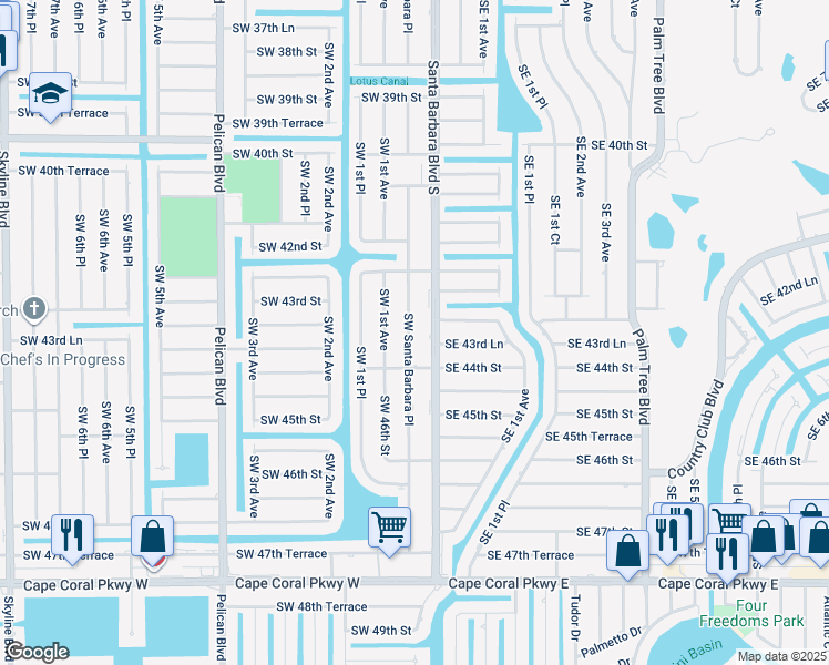 map of restaurants, bars, coffee shops, grocery stores, and more near 4327 Southwest Santa Barbara Place in Cape Coral