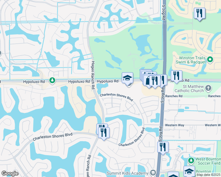 map of restaurants, bars, coffee shops, grocery stores, and more near 7001 Charleston Shores Boulevard in Lake Worth
