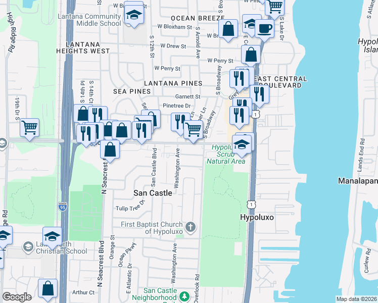 map of restaurants, bars, coffee shops, grocery stores, and more near 1092 James Road in Lantana