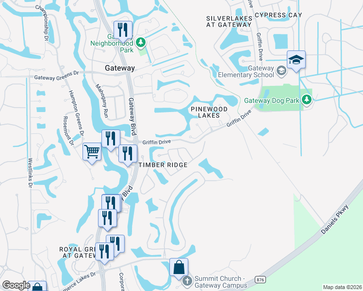 map of restaurants, bars, coffee shops, grocery stores, and more near 11741 Grey Timber Lane in Fort Myers