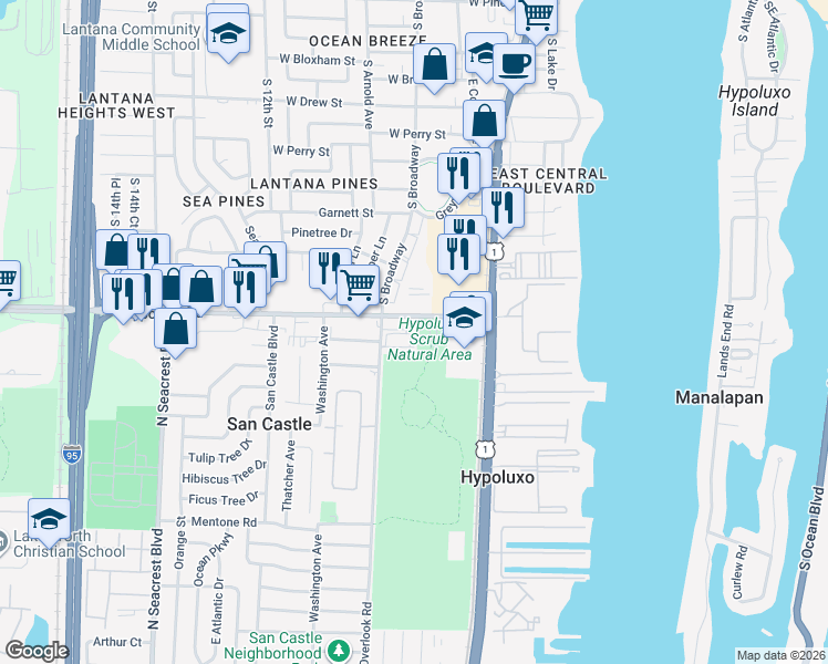 map of restaurants, bars, coffee shops, grocery stores, and more near 150 Hypoluxo Road in Hypoluxo