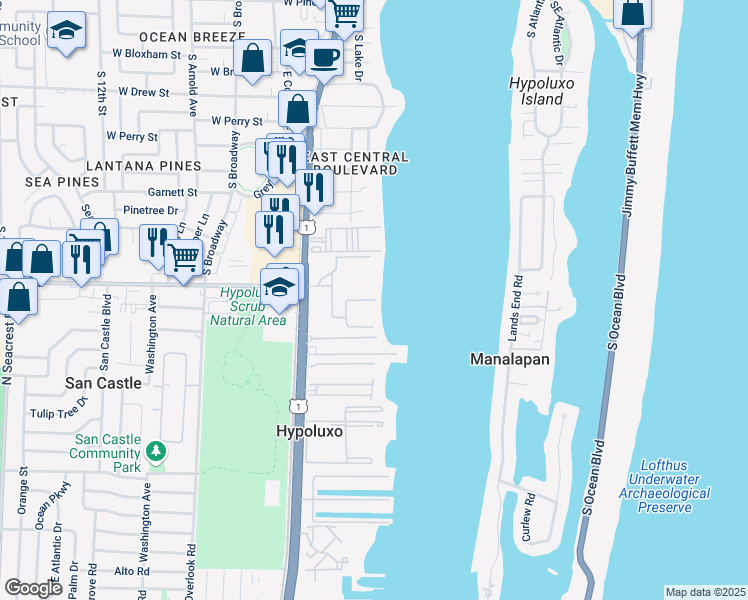 map of restaurants, bars, coffee shops, grocery stores, and more near 109 Half Moon Circle in Hypoluxo