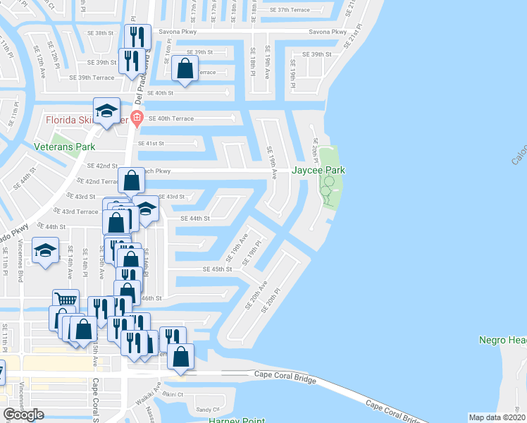 map of restaurants, bars, coffee shops, grocery stores, and more near 1905 Southeast 44th Street in Cape Coral