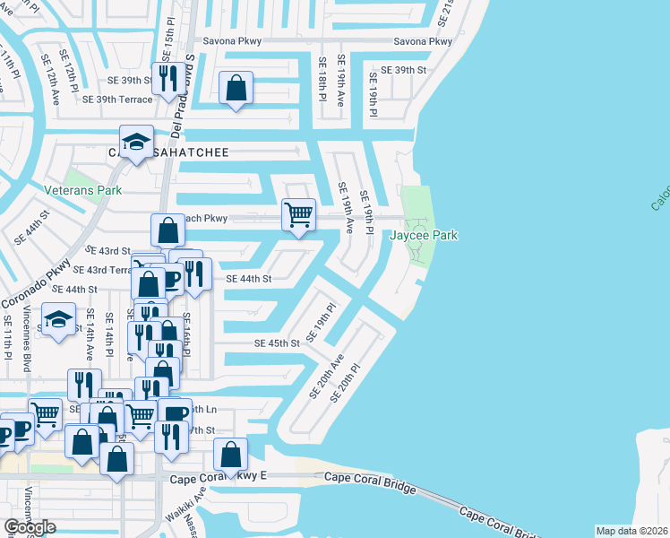 map of restaurants, bars, coffee shops, grocery stores, and more near 1905 Southeast 44th Street in Cape Coral