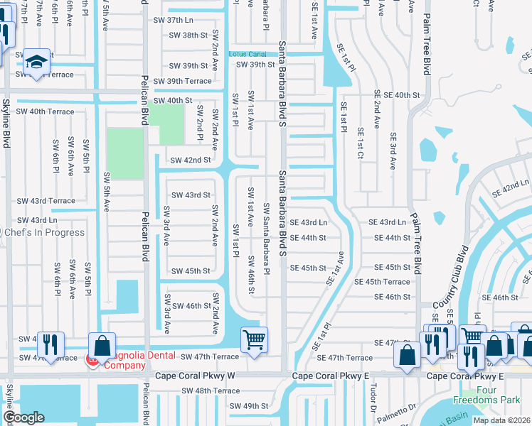 map of restaurants, bars, coffee shops, grocery stores, and more near 4335 Southwest Santa Barbara Place in Cape Coral