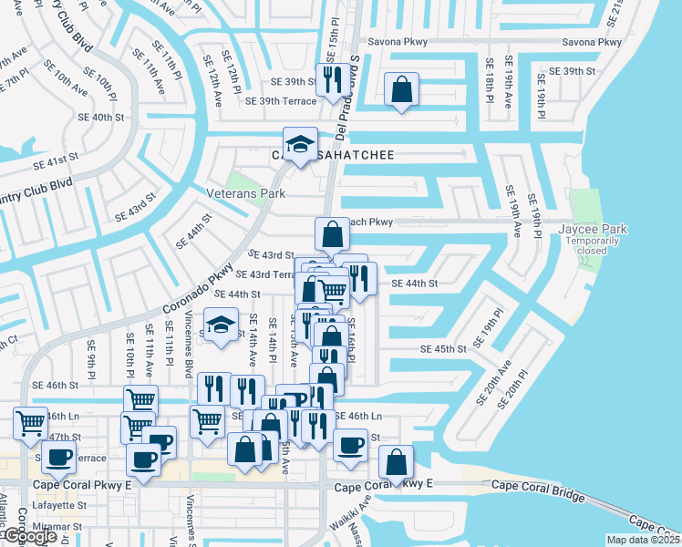 map of restaurants, bars, coffee shops, grocery stores, and more near 4309 Del Prado Boulevard South in Cape Coral