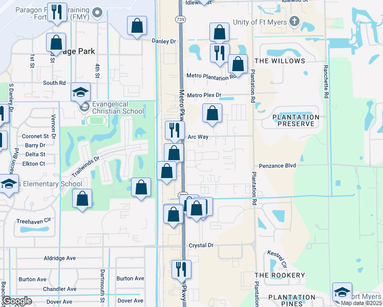 map of restaurants, bars, coffee shops, grocery stores, and more near 11857 Metro Parkway in Fort Myers