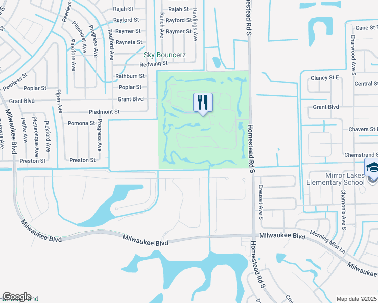 map of restaurants, bars, coffee shops, grocery stores, and more near 19950 Petrucka Circle in Lehigh Acres