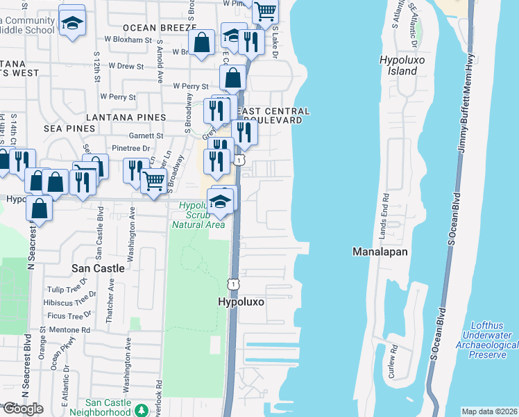 map of restaurants, bars, coffee shops, grocery stores, and more near 7070 Half Moon Circle in Hypoluxo