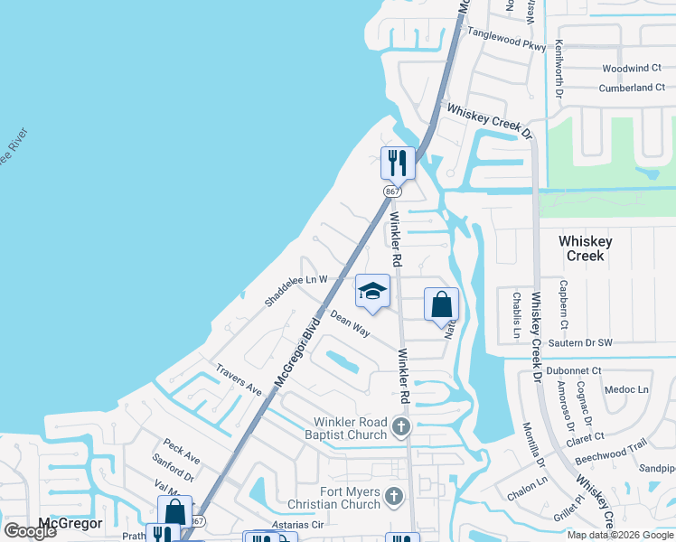 map of restaurants, bars, coffee shops, grocery stores, and more near 11861 McGregor Boulevard in Fort Myers