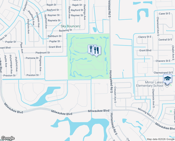 map of restaurants, bars, coffee shops, grocery stores, and more near 19970 Petrucka Circle in Lehigh Acres