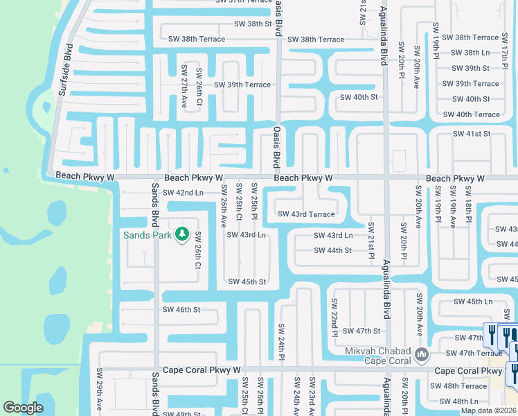 map of restaurants, bars, coffee shops, grocery stores, and more near 4316 Southwest 25th Place in Cape Coral