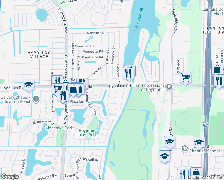 map of restaurants, bars, coffee shops, grocery stores, and more near 73 Paxford Lane in Boynton Beach