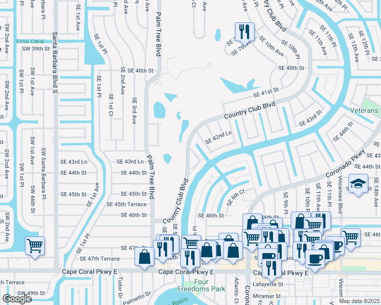 map of restaurants, bars, coffee shops, grocery stores, and more near 4349 Country Club Boulevard in Cape Coral