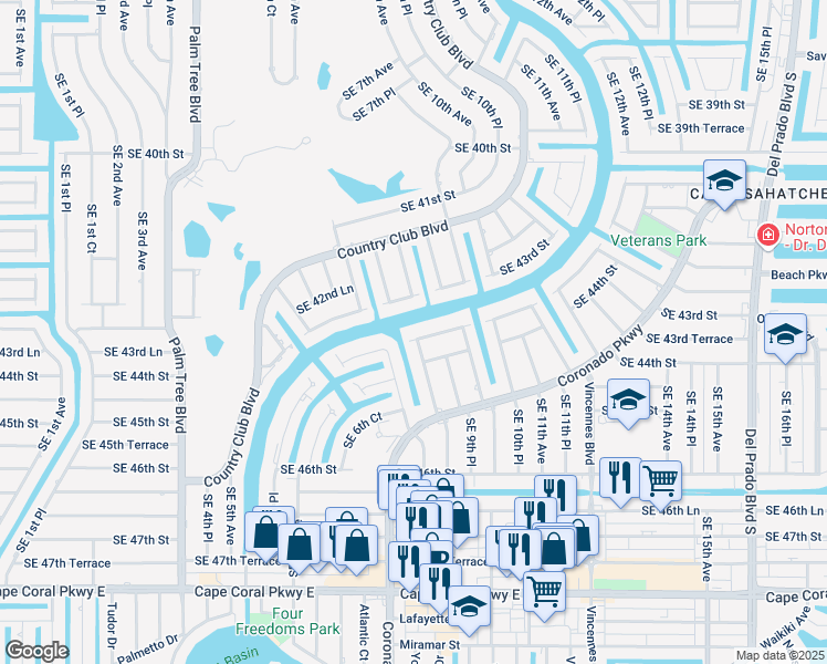 map of restaurants, bars, coffee shops, grocery stores, and more near 4406 Southeast 9th Avenue in Cape Coral