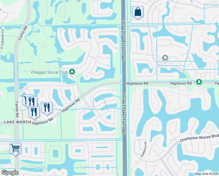 map of restaurants, bars, coffee shops, grocery stores, and more near 7055 Via Leonardo in Lake Worth