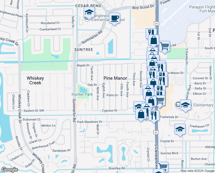map of restaurants, bars, coffee shops, grocery stores, and more near 1711 Oak Drive in Fort Myers
