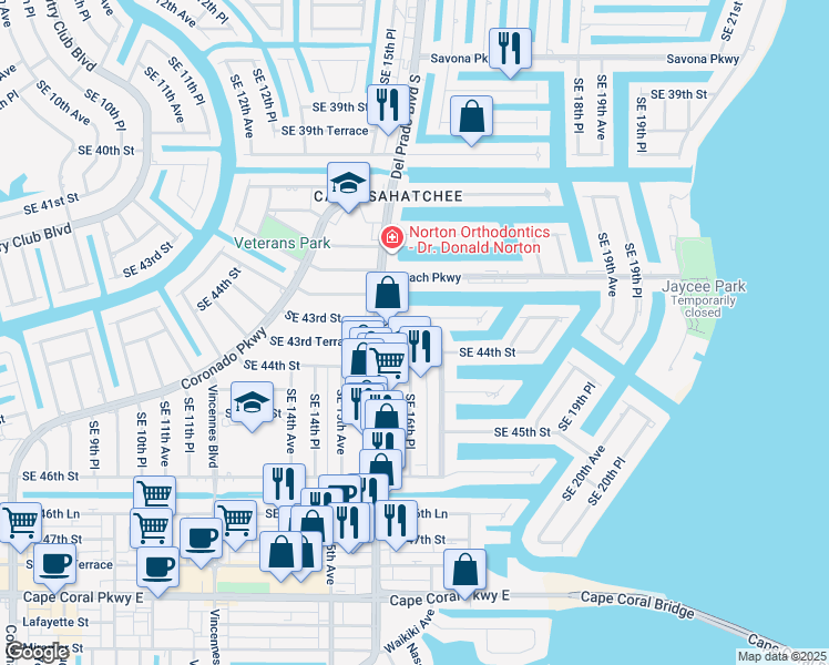 map of restaurants, bars, coffee shops, grocery stores, and more near 1627 Southeast 43rd Street in Cape Coral