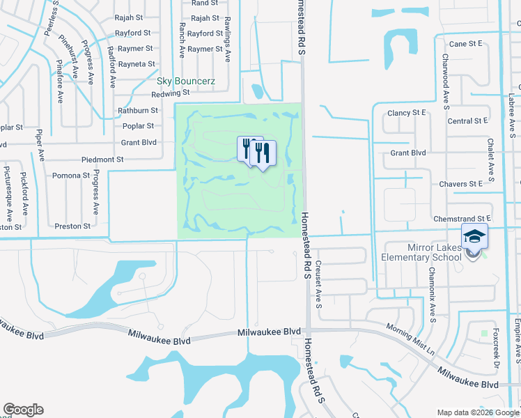 map of restaurants, bars, coffee shops, grocery stores, and more near 20050 Petrucka Circle North in Lehigh Acres