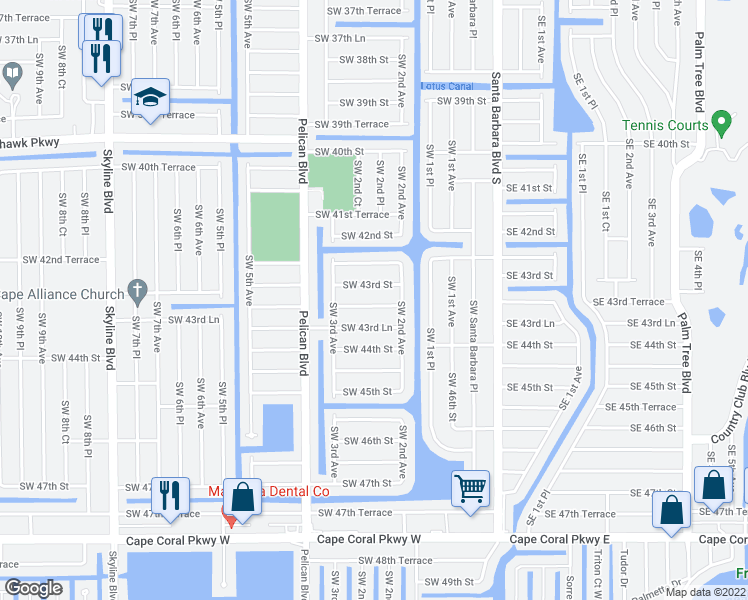 map of restaurants, bars, coffee shops, grocery stores, and more near 221 Southwest 43rd Terrace in Cape Coral