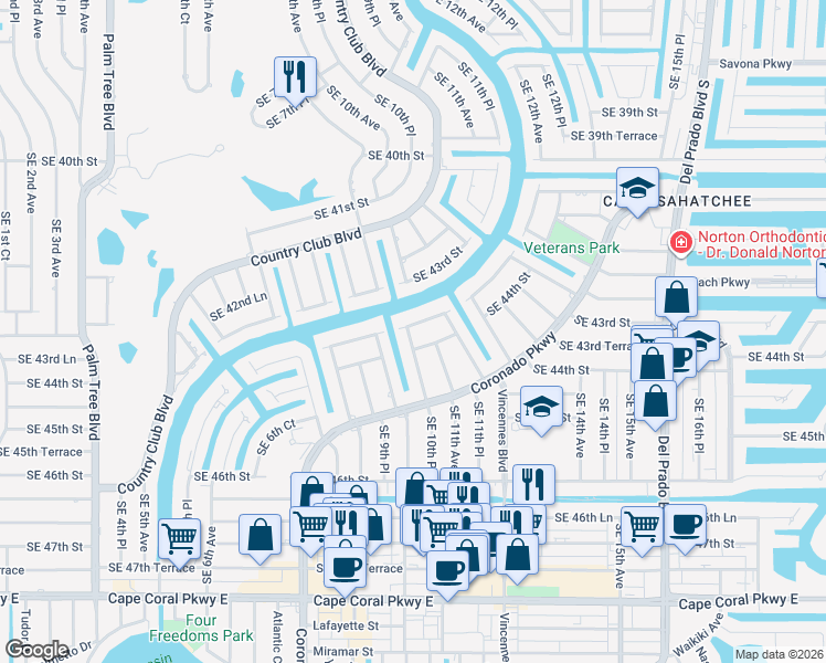 map of restaurants, bars, coffee shops, grocery stores, and more near 1005 Southeast 43rd Terrace in Cape Coral