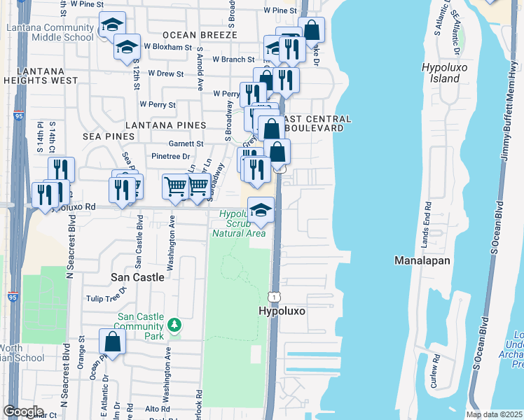 map of restaurants, bars, coffee shops, grocery stores, and more near 1499 South Dixie Highway in Lantana