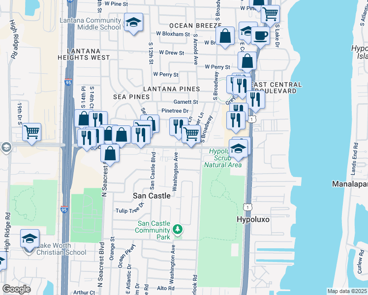 map of restaurants, bars, coffee shops, grocery stores, and more near 1535 Cardinal Lane in Lantana