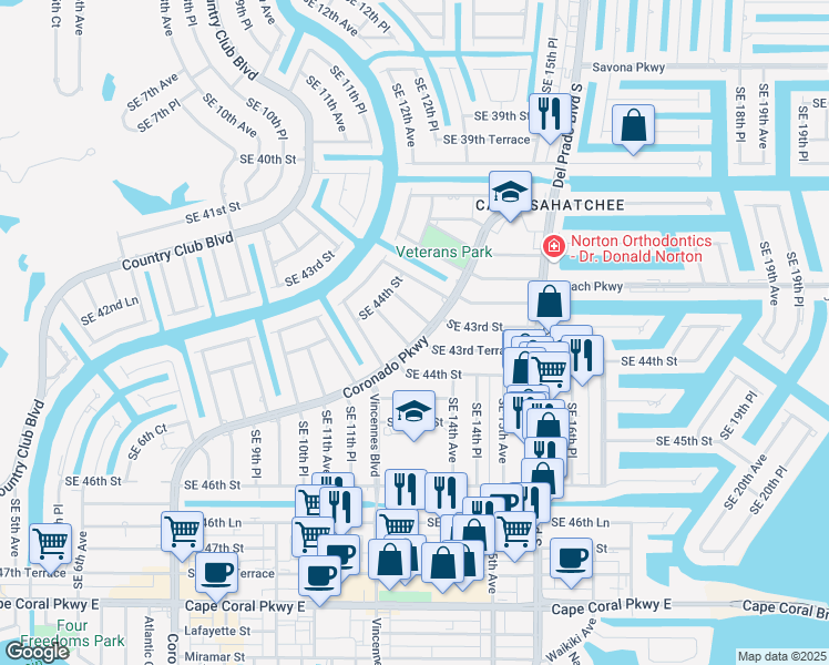 map of restaurants, bars, coffee shops, grocery stores, and more near 4254 Coronado Parkway in Cape Coral