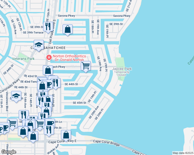 map of restaurants, bars, coffee shops, grocery stores, and more near 1827 Southeast 43rd Street in Cape Coral