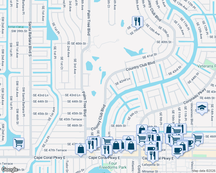 map of restaurants, bars, coffee shops, grocery stores, and more near 4318 Country Club Boulevard in Cape Coral