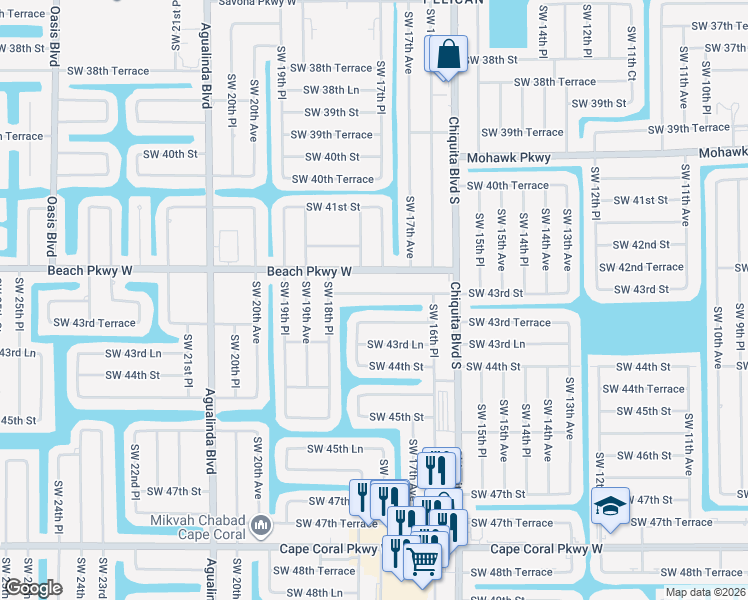 map of restaurants, bars, coffee shops, grocery stores, and more near 1734 Southwest 43rd Street in Cape Coral