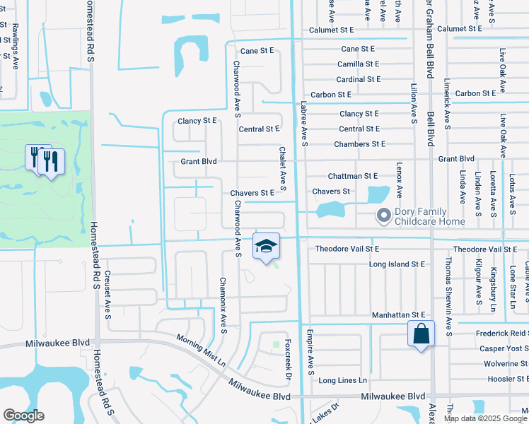map of restaurants, bars, coffee shops, grocery stores, and more near 671 Chestnut Street East in Lehigh Acres