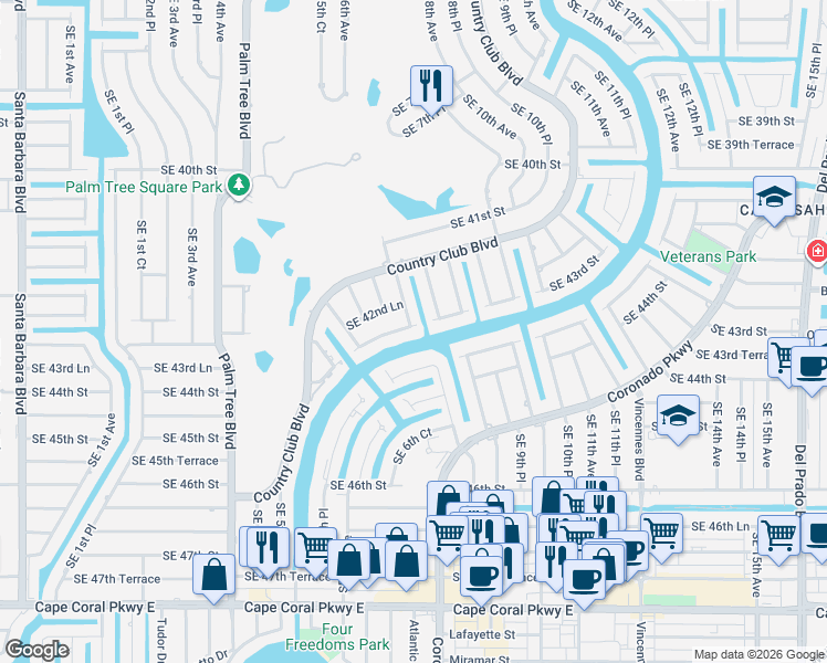 map of restaurants, bars, coffee shops, grocery stores, and more near 738 Southeast 43rd Street in Cape Coral