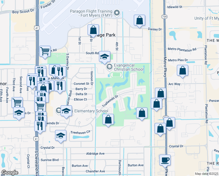 map of restaurants, bars, coffee shops, grocery stores, and more near 5635 Trailwinds Drive in Fort Myers