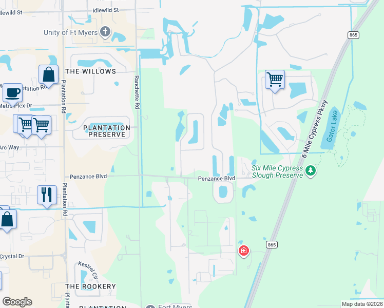 map of restaurants, bars, coffee shops, grocery stores, and more near 11536 Timberline Circle in Fort Myers