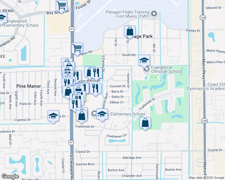 map of restaurants, bars, coffee shops, grocery stores, and more near 2189 Barry Drive in Fort Myers