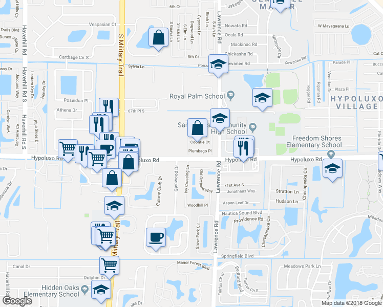 map of restaurants, bars, coffee shops, grocery stores, and more near 4104 Plumbago Place in Lake Worth