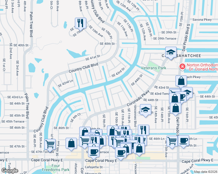 map of restaurants, bars, coffee shops, grocery stores, and more near 1005 Southeast 43rd Terrace in Cape Coral