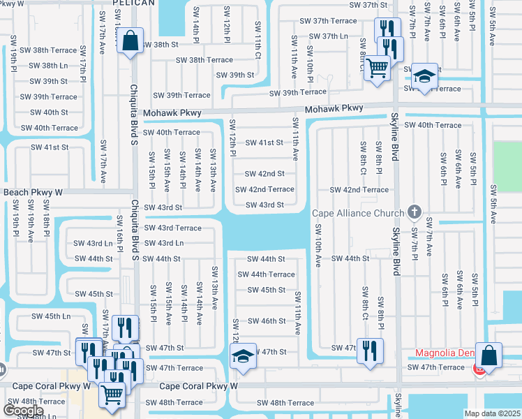 map of restaurants, bars, coffee shops, grocery stores, and more near 1136 Southwest 43rd Street in Cape Coral