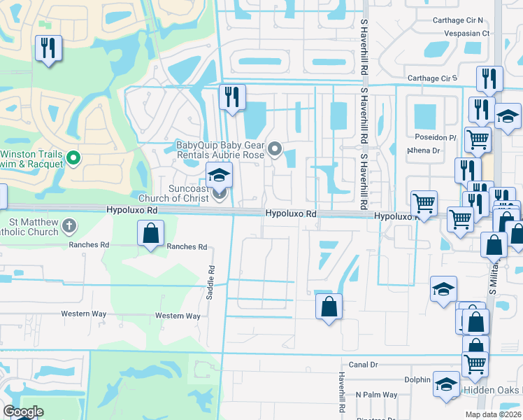 map of restaurants, bars, coffee shops, grocery stores, and more near Hypoluxo Rd & Nye Dr in Lake Worth