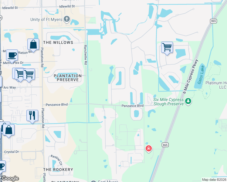 map of restaurants, bars, coffee shops, grocery stores, and more near 11536 Timberline Circle in Fort Myers